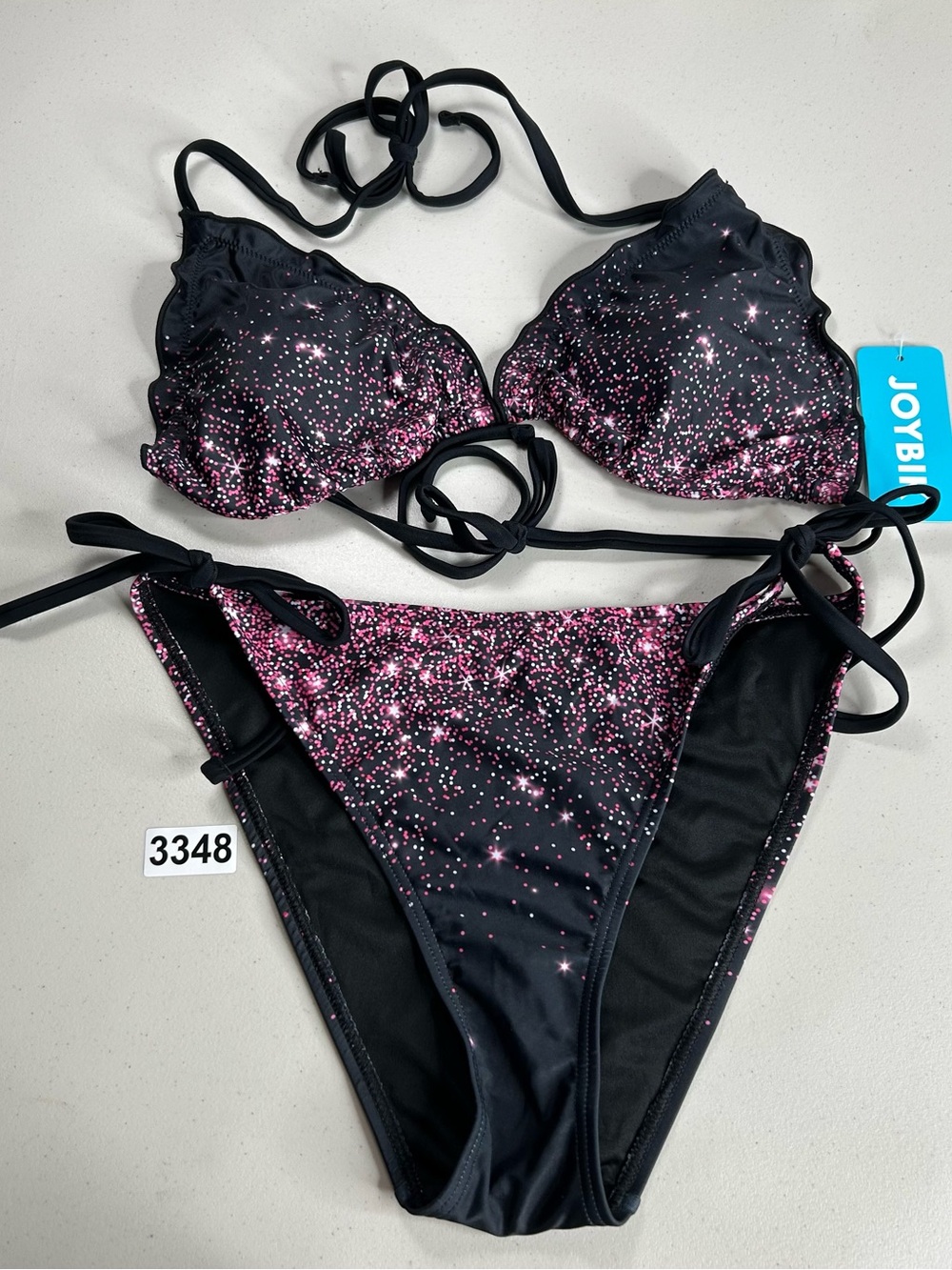 Joybik Bikini Set XL Black Purple Sparkle Triangle Top Tie Side Bottom New